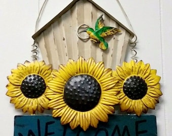 WELCOME Plaque Porch Patio Sign Home Decoration Sunflower Bird 12" by 13"