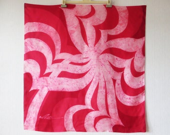 Pink Red Pure Silk Large Scarf Bright 36" Square Waves Print Women Shawl Designer Scarves