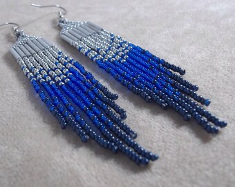 Carpal Tunnel Going Out of Business Sale! Fade from silver to blue long fringe seed bead earrings, dramatic earrings, festival earrings,