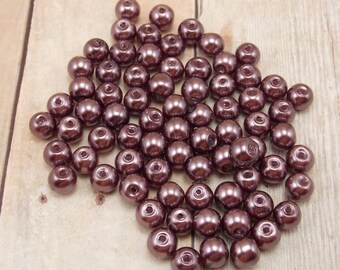 6mm Glass Pearls - Eggplant Purple - 75 pieces - Dark Purple - Aubergine