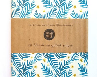Blue Leaves Notebook, Pattern journal, 48 Recycled pages 14 x 20 cm