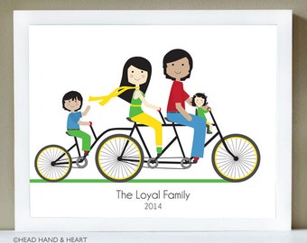 Custom Portrait, Family Portrait, Tandem Bike, Family of Four, Bike Illustration