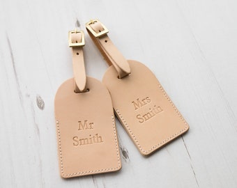 Leather Luggage Tags - Mr & Mrs Custom Personalized Last Name - monogram - natural colour