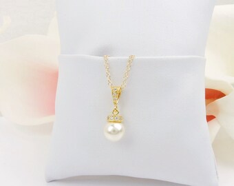 FREE US Shipping Gold Pearl Flower Girl Necklace Gold CZ And Pearl Solitare Necklace Gold Flower Girl Gift Miniature Bride Pearl Necklace
