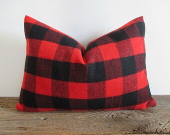 Lumbar Wool Pillow Cover Buffalo Check Red Black Lumberjack Zipper 12 x 18