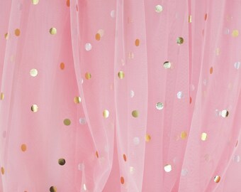 Pink and Gold Mini Polka Dot Tulle - ultra-fine tulle fabric with soft feel and drape - 58" wide - sold by the half yard