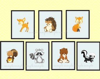 Woodland Nursery Decor, Woodland Animals Printable Wall Art, Deer, Skunk, Fox, Bear, Hedgehog, Squirrel, Raccoon, set of 7