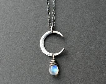 Sterling Silver Weeping Crescent Moonstone Necklace