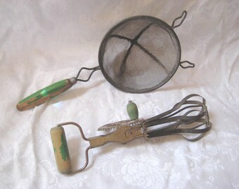 Metal strainer and egg beaters with green wood handle, vintage kitchen utensils, rustic farmhouse, primitive decor