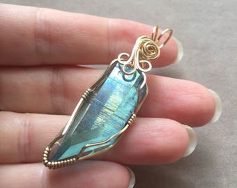 Aqua Aura Quartz Crystal 14K Gold Filled Wire Wrapped Pendant