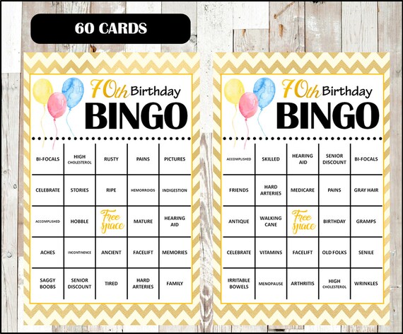 70th birthday party bingo game 60 different cards old age