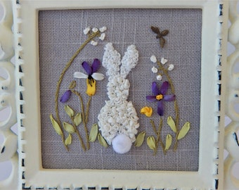 Silk Ribbon Embroidery Framed Hand Stitched White Rabbit, Garden Flowers Spring