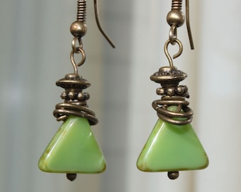 Green Earrings, Czech Glass Earrings, Dangle Earrings Jewelry boho Earrings Czech earrings Gift For women Gift For Her Gift For Wife