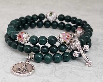 Rosary Bracelet, Green Mountain Jade, White Cloisonne, Queen of Heaven, Stainless Steel, Five Decade, Memory Wire, Handmade, Wrapped Rosary