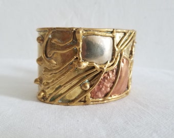 Vintage Brass Cuff Bracelet with Copper and Silver Detail