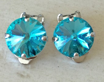 Light Turquoise Crystal Clip On Earrings, Silver