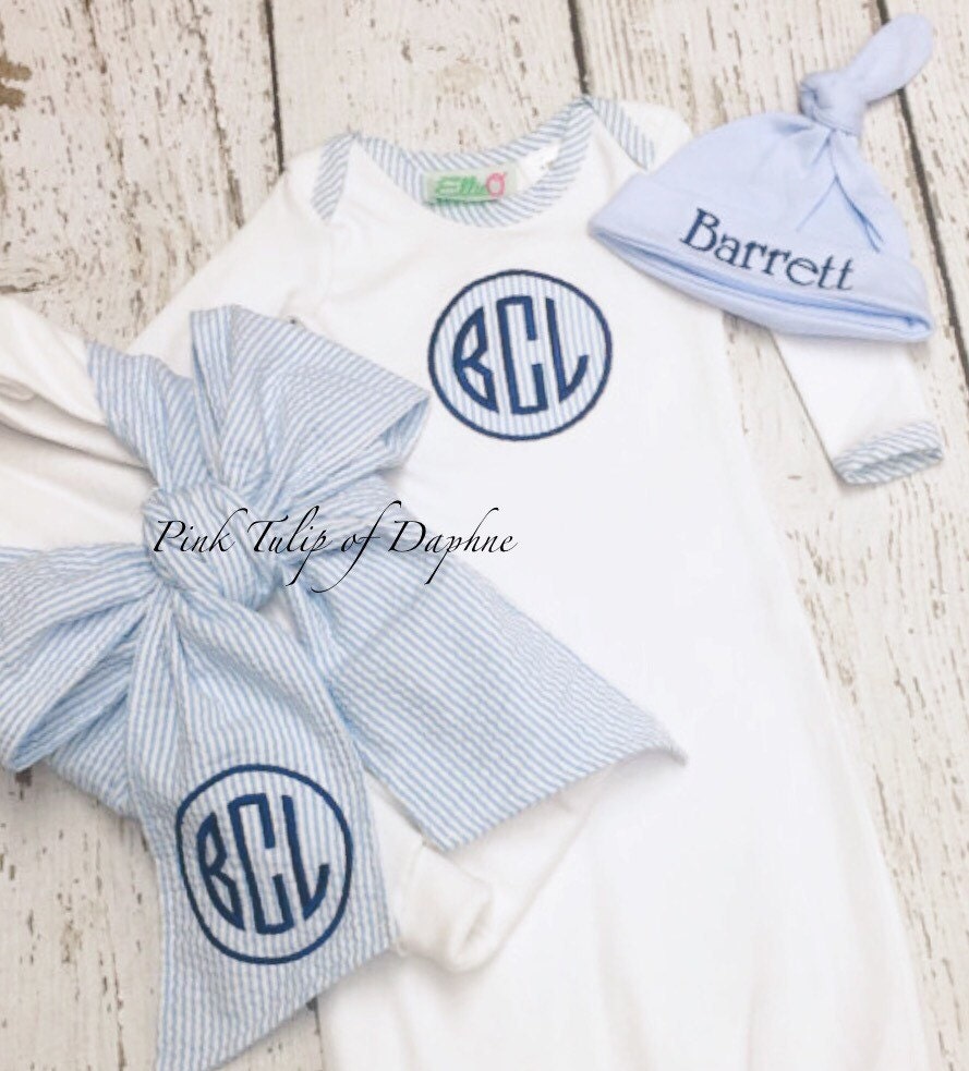 Newborn layette set Infant boy gown set Newborn gown and cap