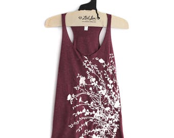 Small- Tri-Blend Maroon Racerback Tank with Flowering Branch Screen Print