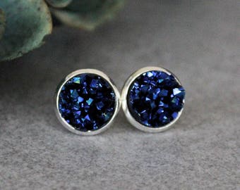 Blue Stud Earrings, Navy Blue Earrings, Dark Blue Earrings, Blue Druzy Earrings, Blue Post Earrings, Dark Blue Stud Earring, Faux Druzy