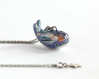 Cosmic Whale Necklace, Porcelain Whale Pendant, Cosmic Necklace, Spirit Animal Jewelry, Kawaii Whale, Nautical Necklace, Whale Lovers Gift