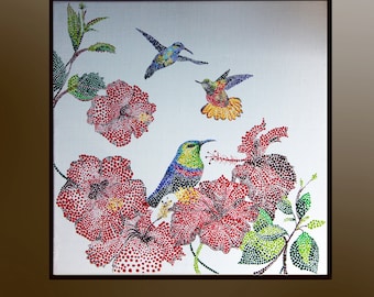 Flying hummingbirds and tropical flowers, Original Acrylic painting, Hummingbird art, Original painting on canvas , Birds, Boba