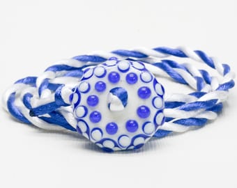 Blue Flower Bracelet - White Glass Bracelet - Boho Cord Bracelet - Bohemian Glass Bracelet - Glass Bead Bracelet - Multi Strand Bracelet