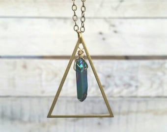 Crystal necklace, triangle necklace, brass necklace, boho jewelry