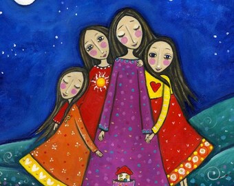 Four Sisters Print Inspirational Whimsical Folk Art Nursery Childrens Art Gift for Sister Best Friends Art - 'Sisters In All Lifetimes'