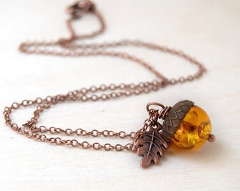 Amber and Copper Acorn Necklace | Cute Nature Acorn Charm Necklace | Lucite/Man Made Amber Acorn Necklace | Woodland Acorn | Nature Jewelry