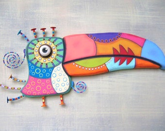 Wild Toucan, Bird Wall Art, Original Found Object Wall Sculpture, Wood Carving, Painted Sculpture, by Fig Jam Studio