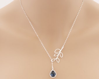 Blue Sapphire Lariat Leaf Necklace Sapphire Lariat Necklace Sapphire Jewelry Sapphire Pendant Wedding Jewelry For Her Lariat Jewelry BeadXS