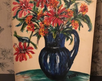 Vintage Flower Bouquet in Blue Pitcher Original Oil Still Life Painting Signed "Knapp"