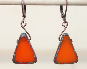 Orange Earrings, Dangle Earrings, Drop Earrings, Boho earrings, Copper Earrings, Czech Glass Earrings, Boho Jewelry, Birthday Gift For women