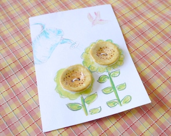 Large Hollyhock Buttons, Ceramic Porcelain Clay, Yellow with Brown Highlights