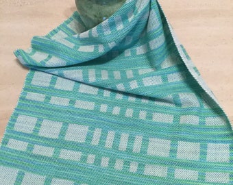 Handwoven Cotton and Linen Towel for Kitchen or Bath - Aqua blue, Green & White - Gift for any occasion - Hand Woven Towel Gift