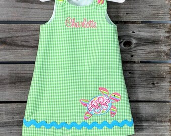 Lime Green Gingham jumper Dress With Sea Turtle- Monogrammed