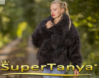Made to order hand knitted mohair cardigan, super fuzzy sweater in black by SuperTanya