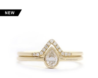 14k Solid Gold Pear Shape Diamond Wedding Ring Set,Simple and Elegant Engagement Ring In Bezel Setting