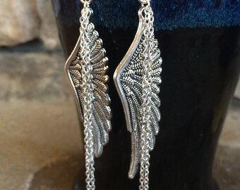 Angel wing earrings, long dangle earrings, handmade