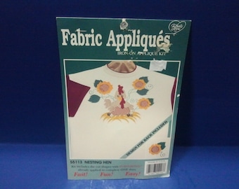 Iron-on Fabric Applique Kit- Nesting Hen Chicken with Sunflowers