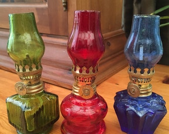 Fairy Brand, Set of 3, Vintage, Glass Minature Decorative Oil Lamps. With Original Box. Made In Hong Kong