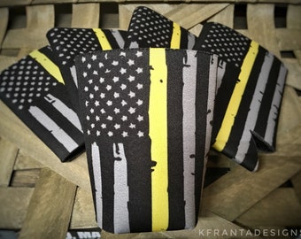 Thin Gold Line 911 Dispatcher American Flag collapsible foam can cooler drink beverage drink insulator