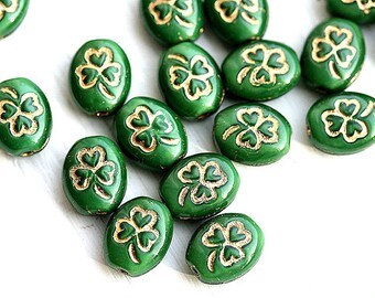 Green Shamrock beads, Golden inlays Czech glass oval beads, Green with golden, 10x8mm - 12Pc - 1282