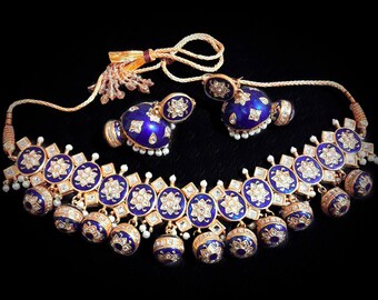 New Sapphire Enamel Polki Stone Necklace and Earrings Jewelry Set