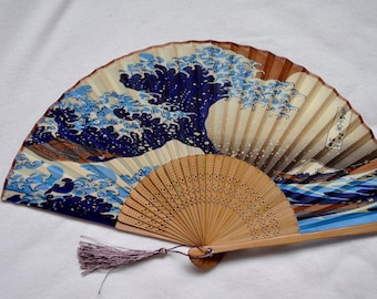 Japanese silk Hand Fan with sleeve -Mount Fuji,Handheld Folding Fan ,folding fan,Hand fan, vintage Japanese,blue hand fan