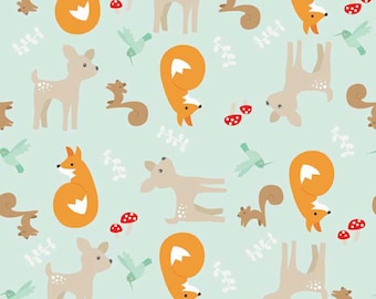Woodland Baby Quilt Fabric, Riley Blake C4080 Mint, Good Natured, Marin Sutton, Fox, Squirrel, Hummingbird, Fawn Fabric, Cotton Quilt Fabric