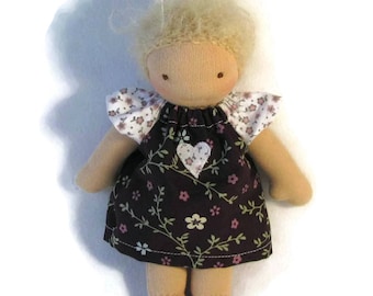 7 to 8 inch Waldorf Doll Dress in brown and white floral prints, toy clothing, tiny doll dress