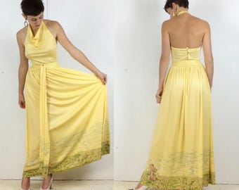 1970s Halter Neck Ballgown in Buttercup Yellow with Countryside Scene border Small