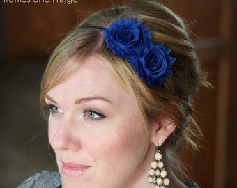 Royal Blue Adult Headband, Shabby Chic Flower for Women