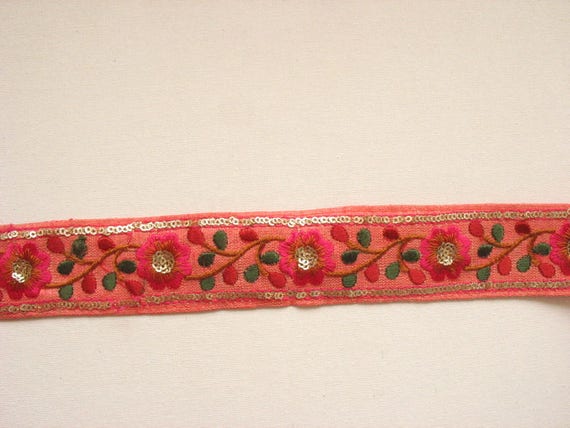 Salmon Pink Floral Embroidered Border Sequined trim Sold by